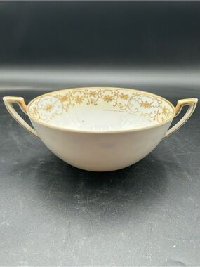 Nippon Elegant Two-Handled Porcelain Bowl with Gold Scroll Rim